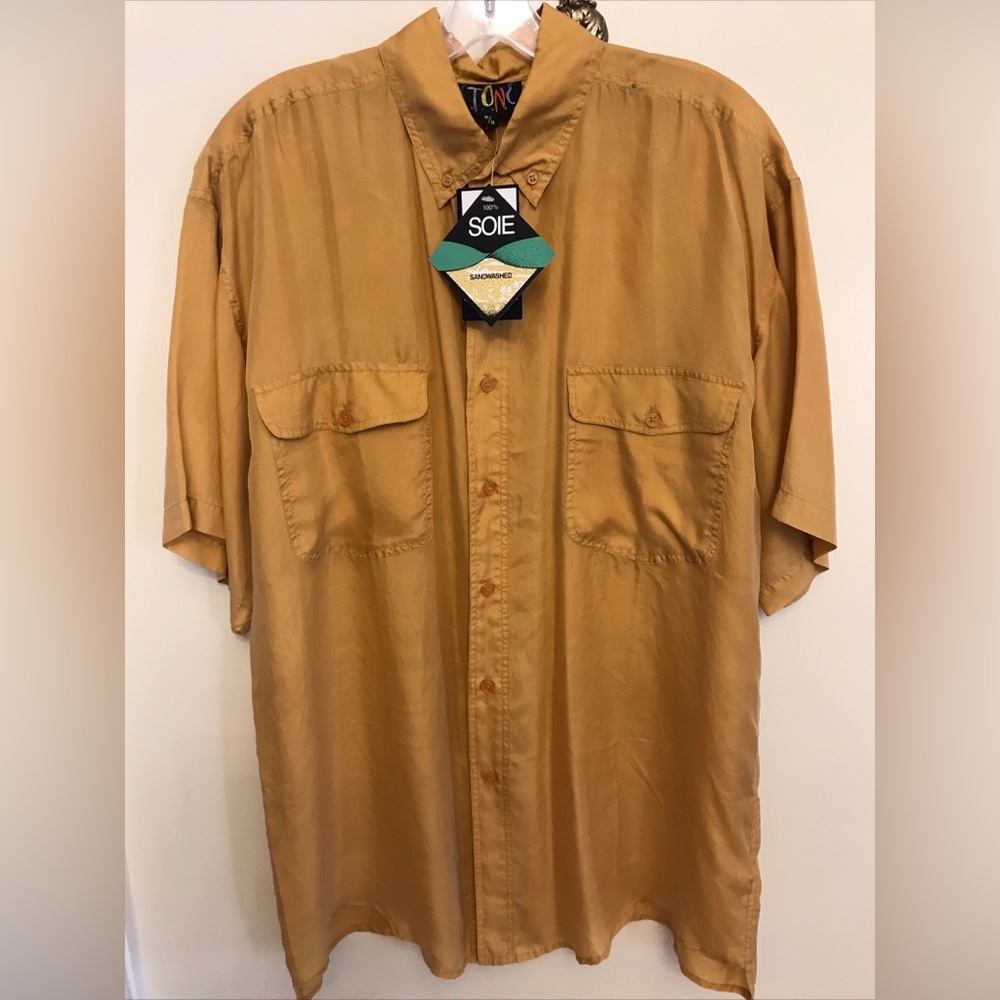 Stone Silks Silk mens shirt gold colour Sz M relaxing